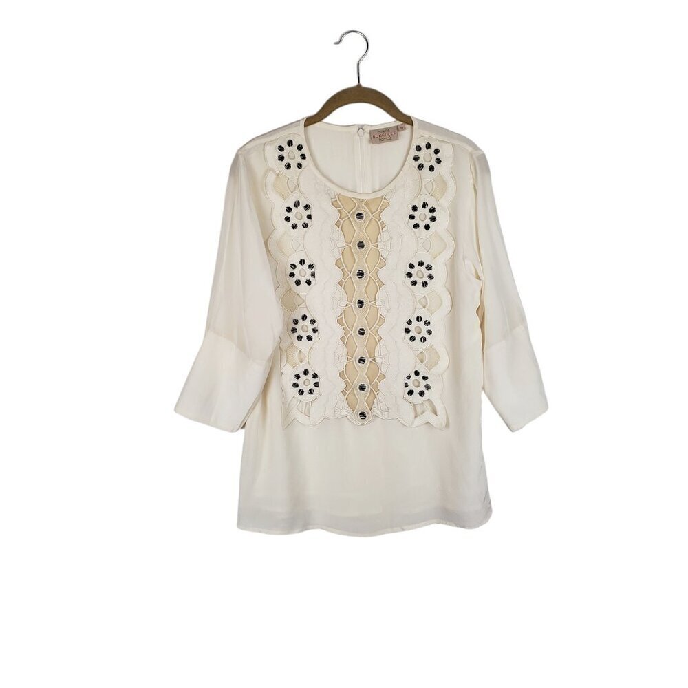 Rungolee Eyelet Lace Front Top Ivory 3/4 Sleeve Blouse Womens Size Small